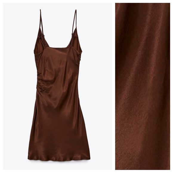 🌹NWT. Zara Brown Satin Effect Mini Dress with Side Ruching. Size S. - Picture 6 of 9